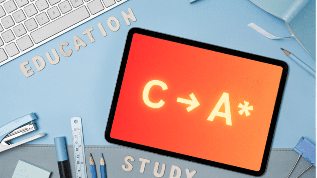 Tablet displaying a transition from grade C to A* with educational tools, illustrating improvement through GCSE English online tutors