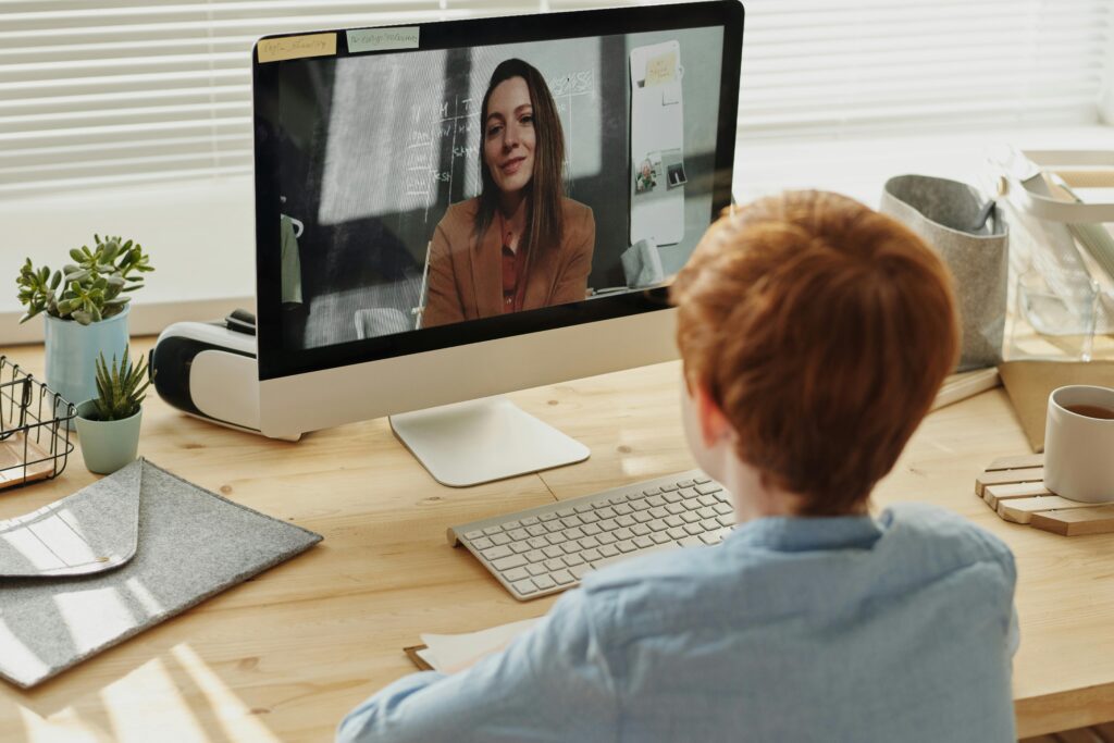 A student engaging in an online tutoring session with a GCSE English online tutor on a computer screen